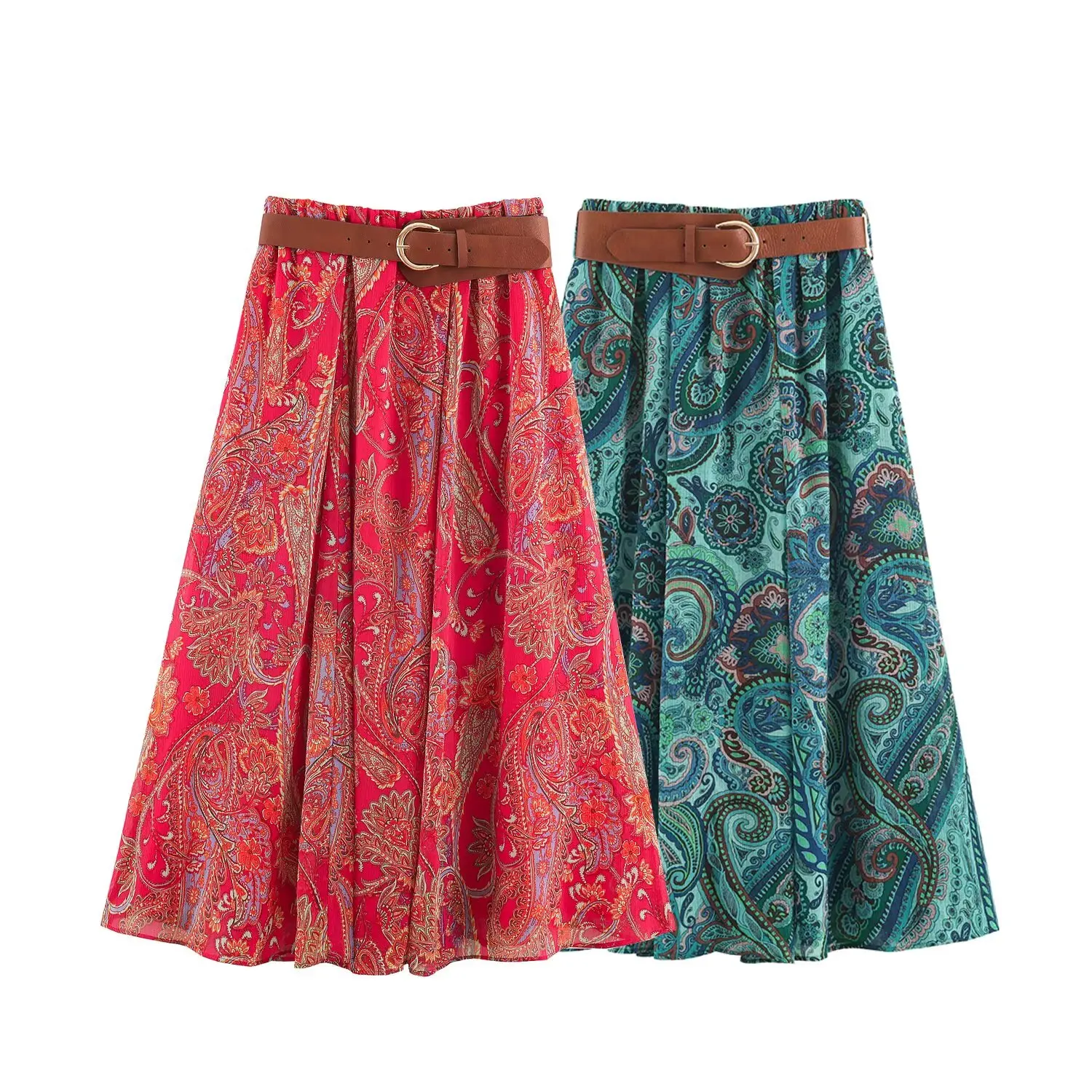 BSAY Boho Paisley Print Midi Skirt Women Elastic High Waist A‑Line Long Skirt With Belt Vintage Bohemian Holiday Casual Skirts
