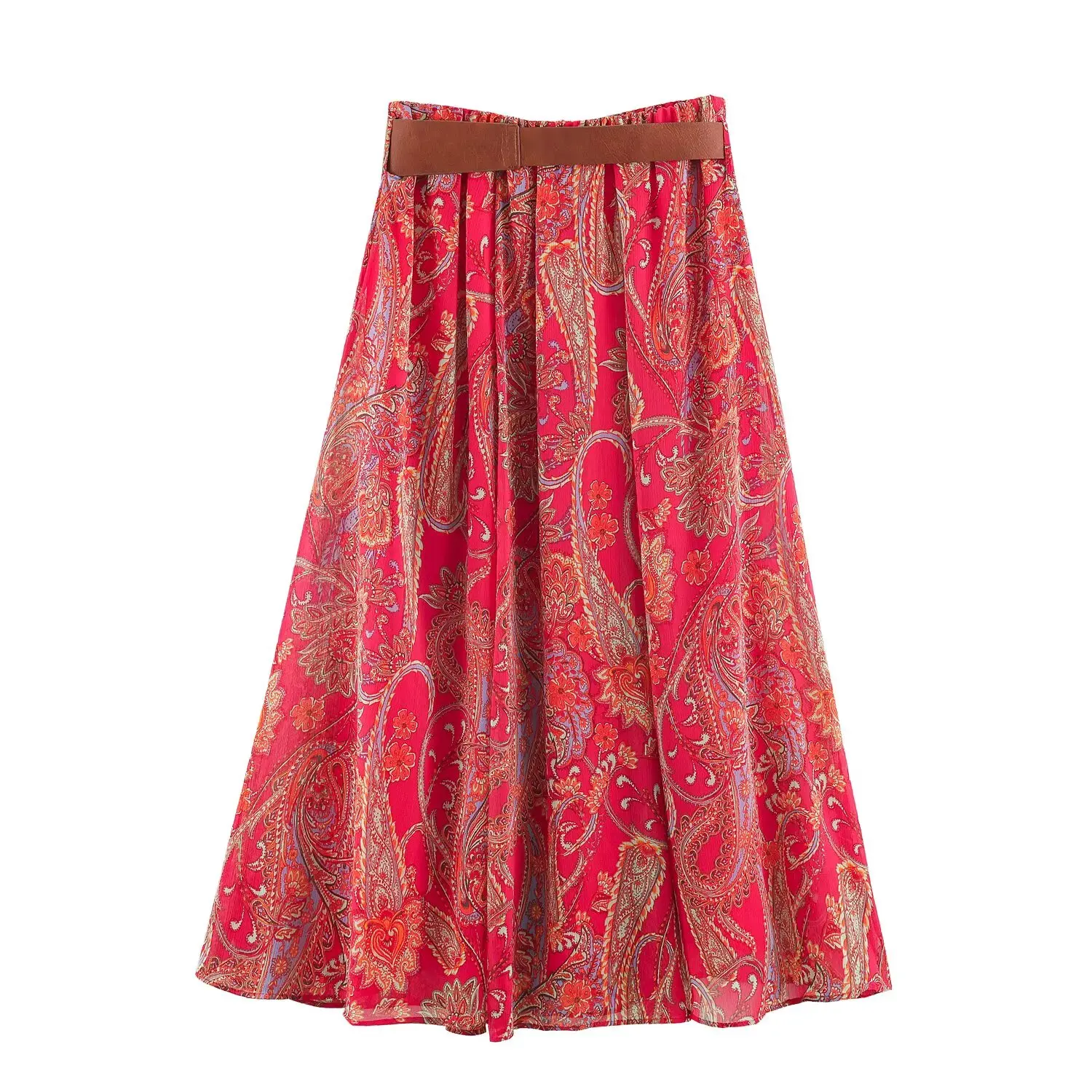 BSAY Boho Paisley Print Midi Skirt Women Elastic High Waist A‑Line Long Skirt With Belt Vintage Bohemian Holiday Casual Skirts