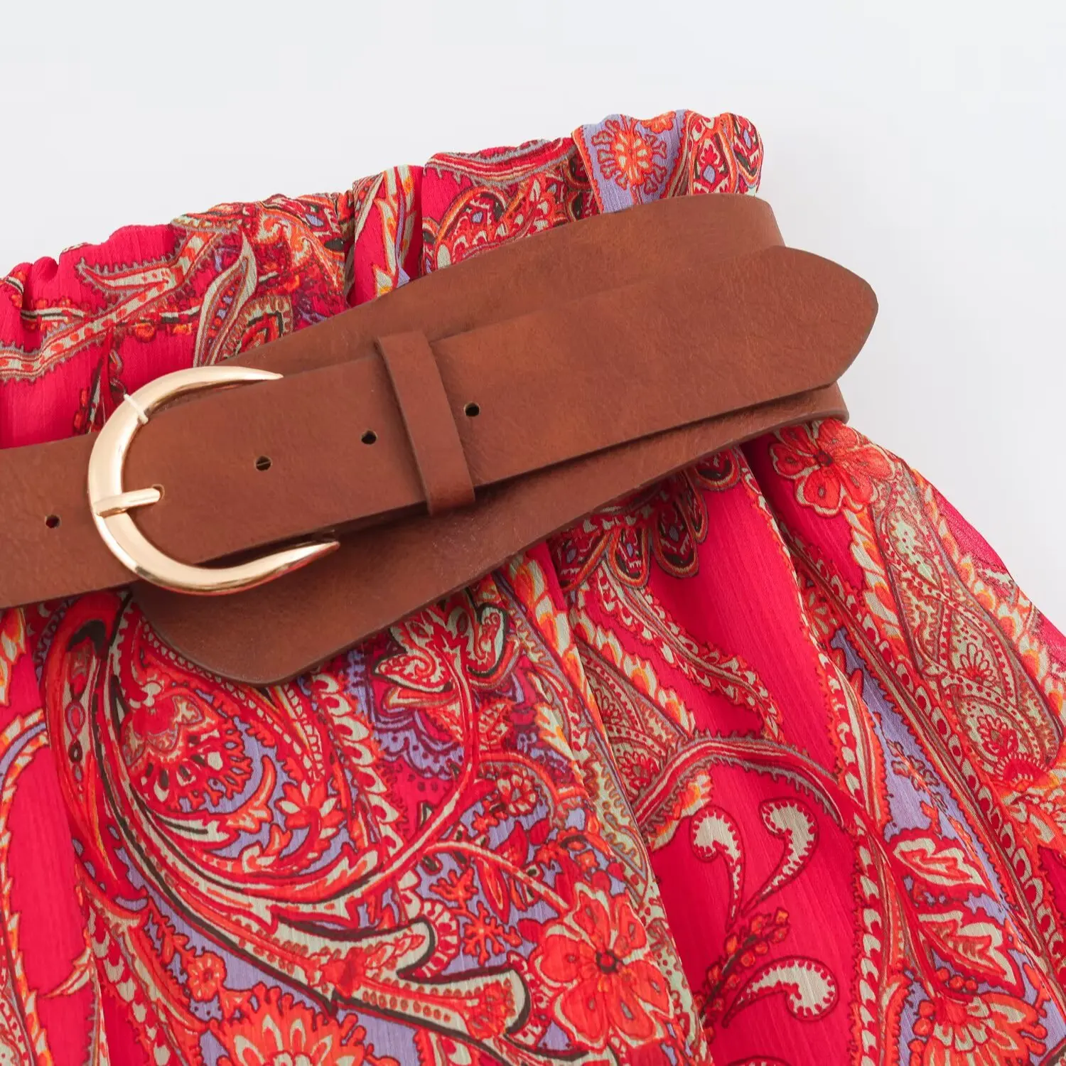 BSAY Boho Paisley Print Midi Skirt Women Elastic High Waist A‑Line Long Skirt With Belt Vintage Bohemian Holiday Casual Skirts
