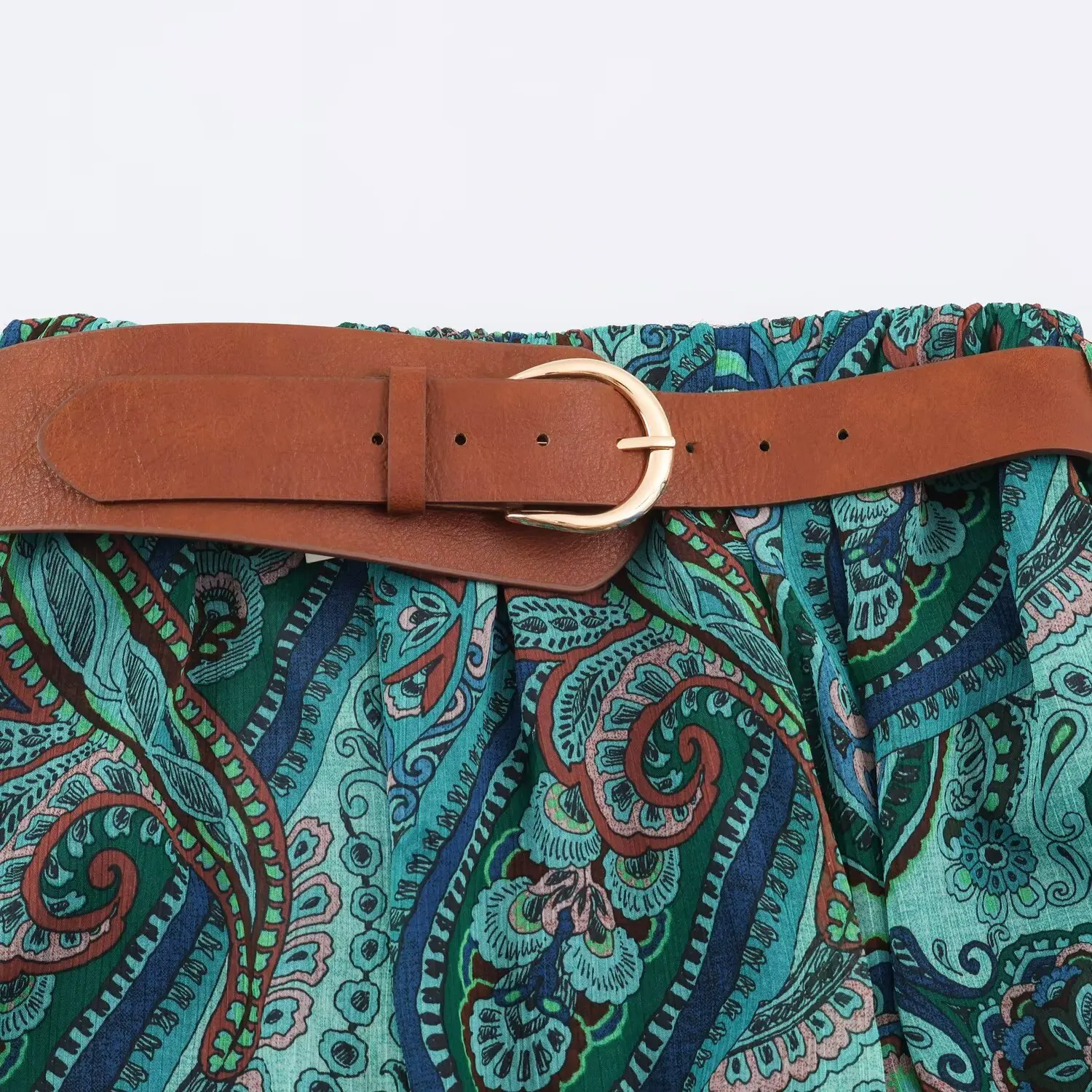 BSAY Boho Paisley Print Midi Skirt Women Elastic High Waist A‑Line Long Skirt With Belt Vintage Bohemian Holiday Casual Skirts