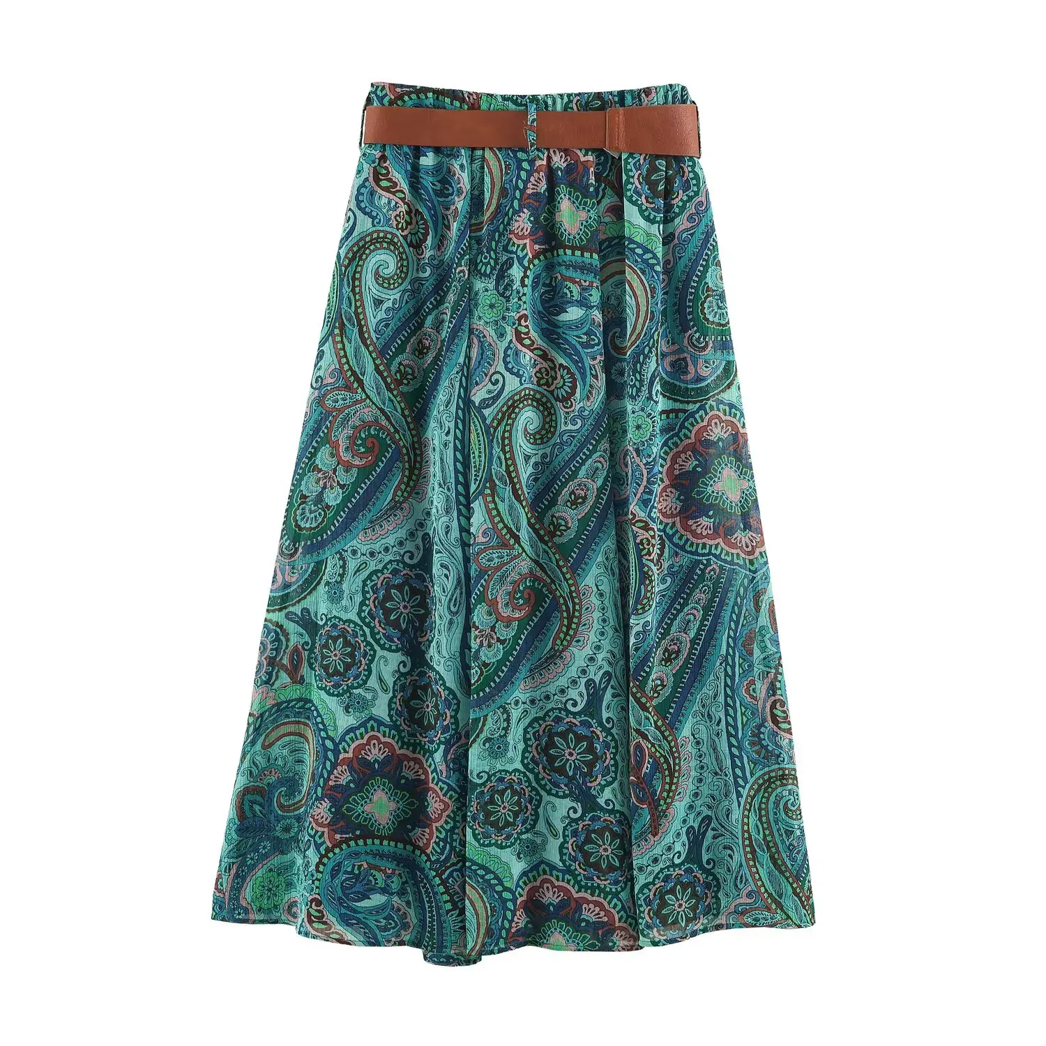 BSAY Boho Paisley Print Midi Skirt Women Elastic High Waist A‑Line Long Skirt With Belt Vintage Bohemian Holiday Casual Skirts