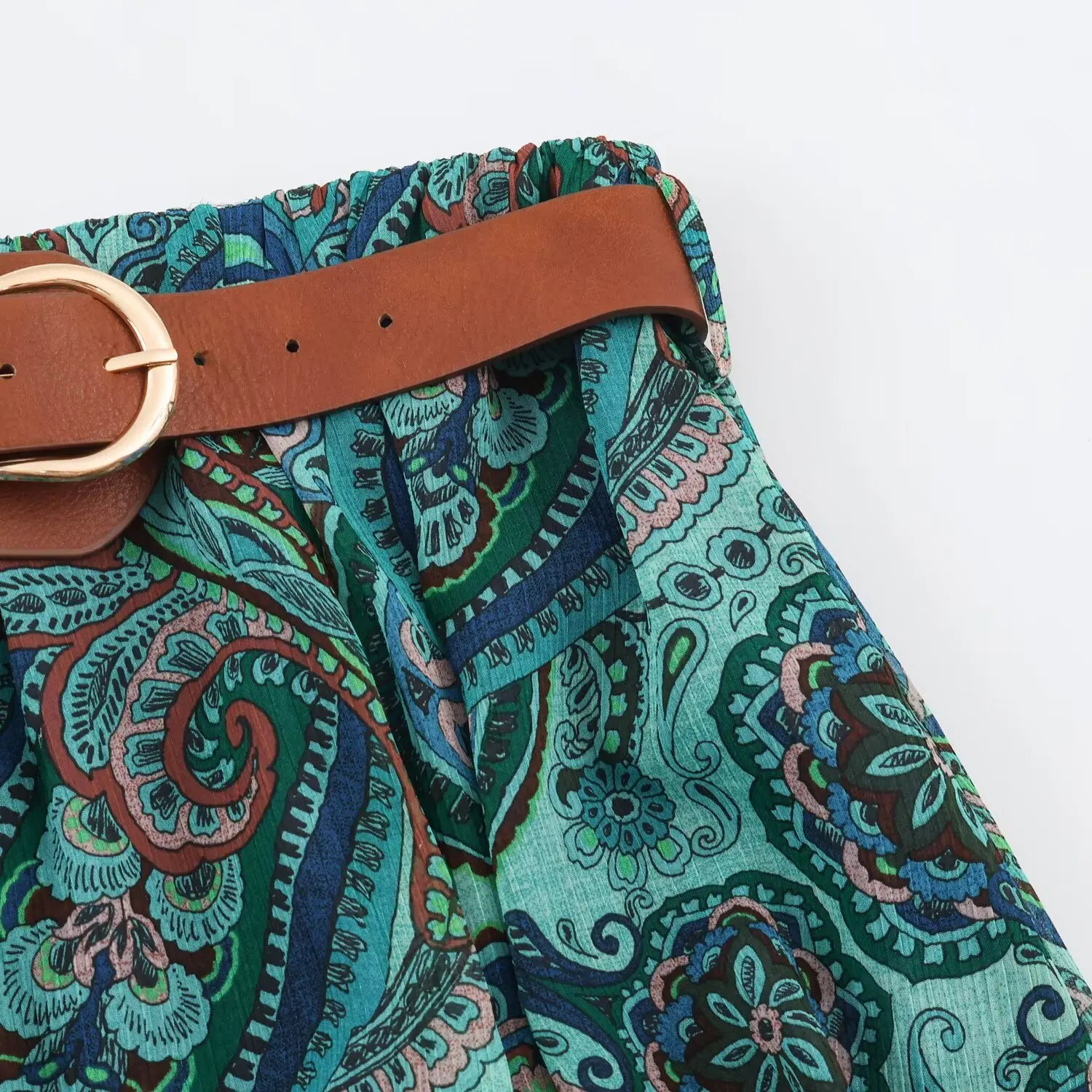 BSAY Boho Paisley Print Midi Skirt Women Elastic High Waist A‑Line Long Skirt With Belt Vintage Bohemian Holiday Casual Skirts