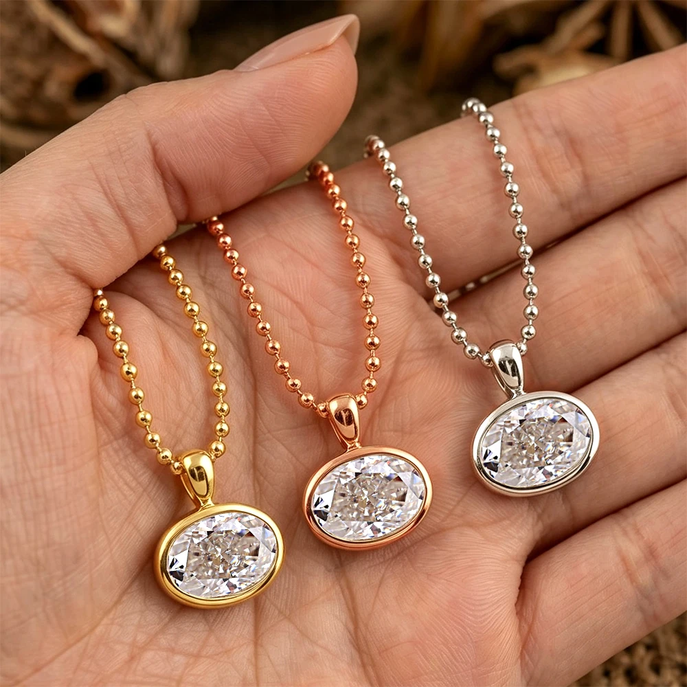 BXINY 2/3/4CT East West Oval Cut Moissanite Bead Chain Necklace S925 Silver Bezel Set Solitaire Diamond Pendant Gift Jewelry GRA