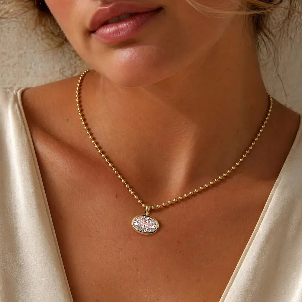 BXINY 2/3/4CT East West Oval Cut Moissanite Bead Chain Necklace S925 Silver Bezel Set Solitaire Diamond Pendant Gift Jewelry GRA