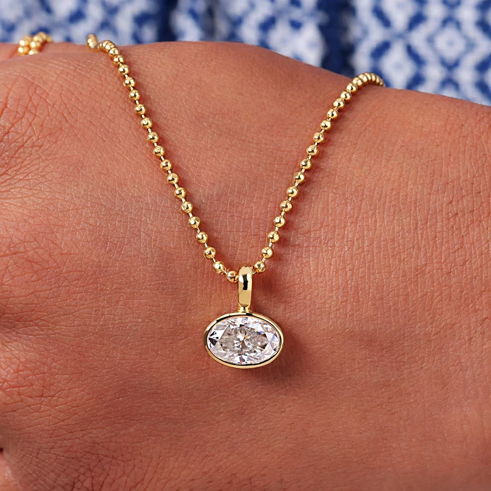 BXINY 2/3/4CT East West Oval Cut Moissanite Bead Chain Necklace S925 Silver Bezel Set Solitaire Diamond Pendant Gift Jewelry GRA
