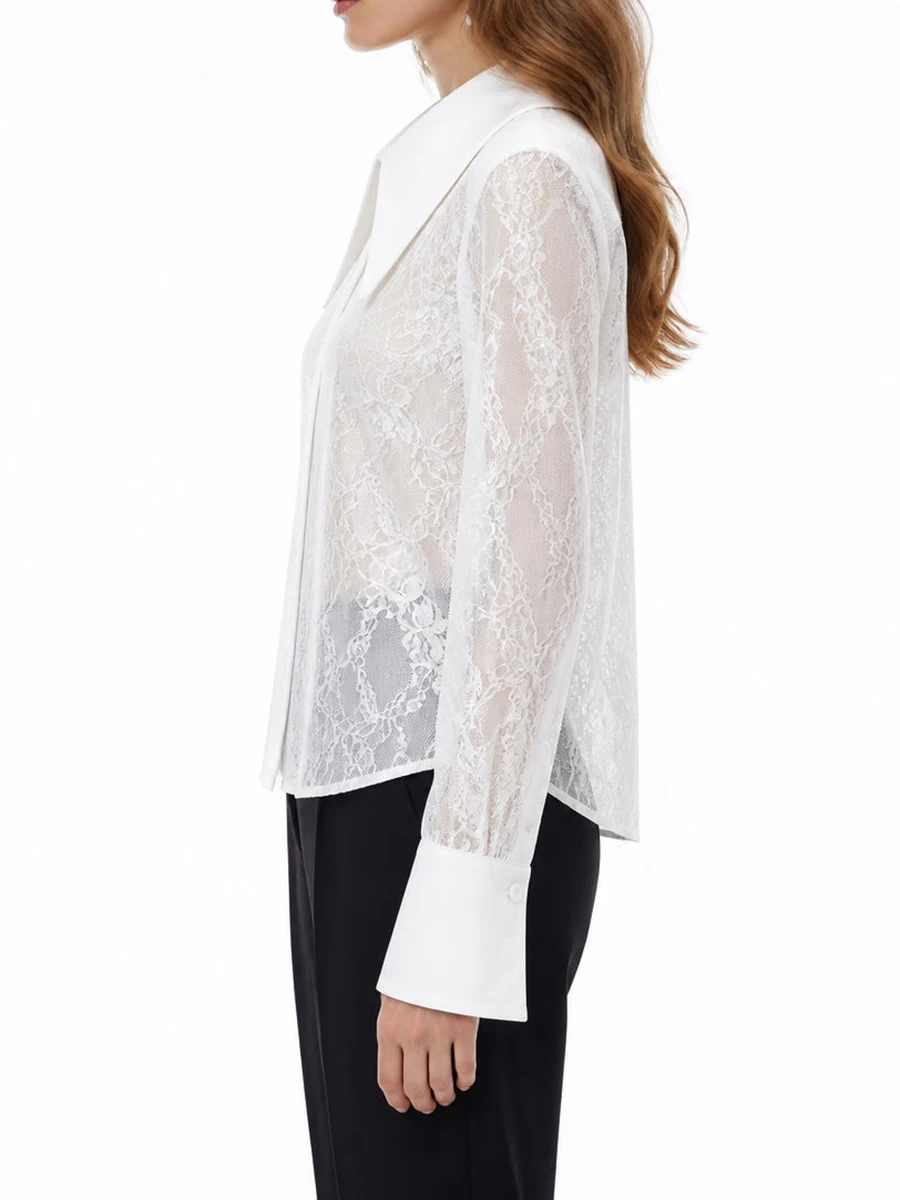 TWOTWINSTYLE Mesh Spliced Lace Slimming Sexy Blouse for Women Lapel Collar Long Sleeve Patchwork Sheer Casual Blouses Female New