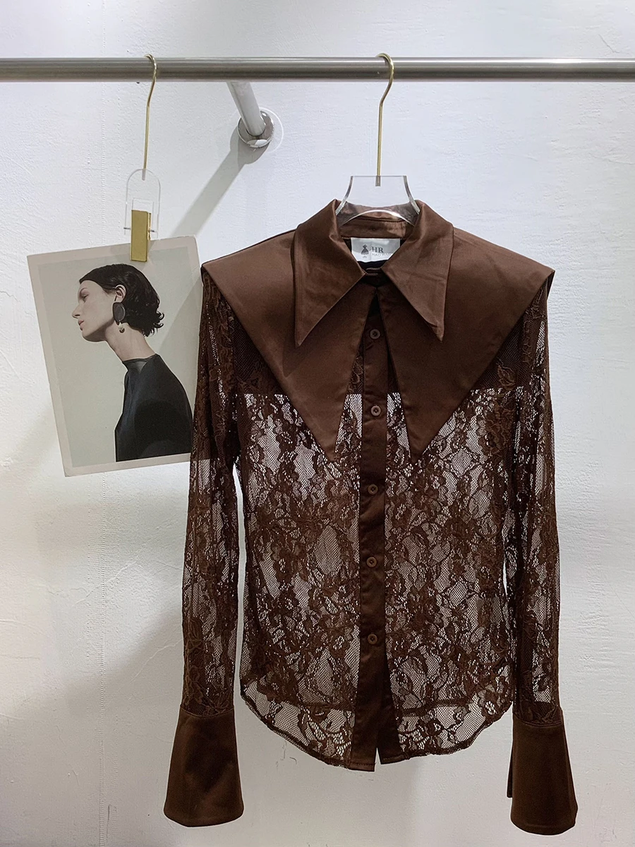 TWOTWINSTYLE Mesh Spliced Lace Slimming Sexy Blouse for Women Lapel Collar Long Sleeve Patchwork Sheer Casual Blouses Female New