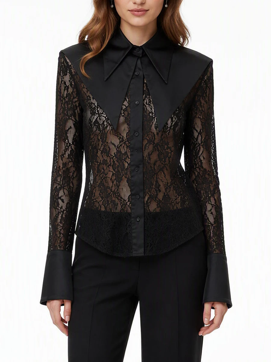 TWOTWINSTYLE Mesh Spliced Lace Slimming Sexy Blouse for Women Lapel Collar Long Sleeve Patchwork Sheer Casual Blouses Female New