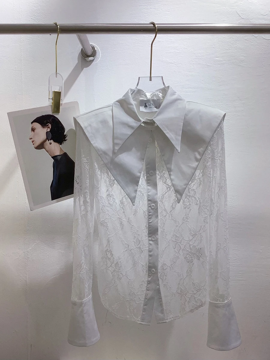 TWOTWINSTYLE Mesh Spliced Lace Slimming Sexy Blouse for Women Lapel Collar Long Sleeve Patchwork Sheer Casual Blouses Female New