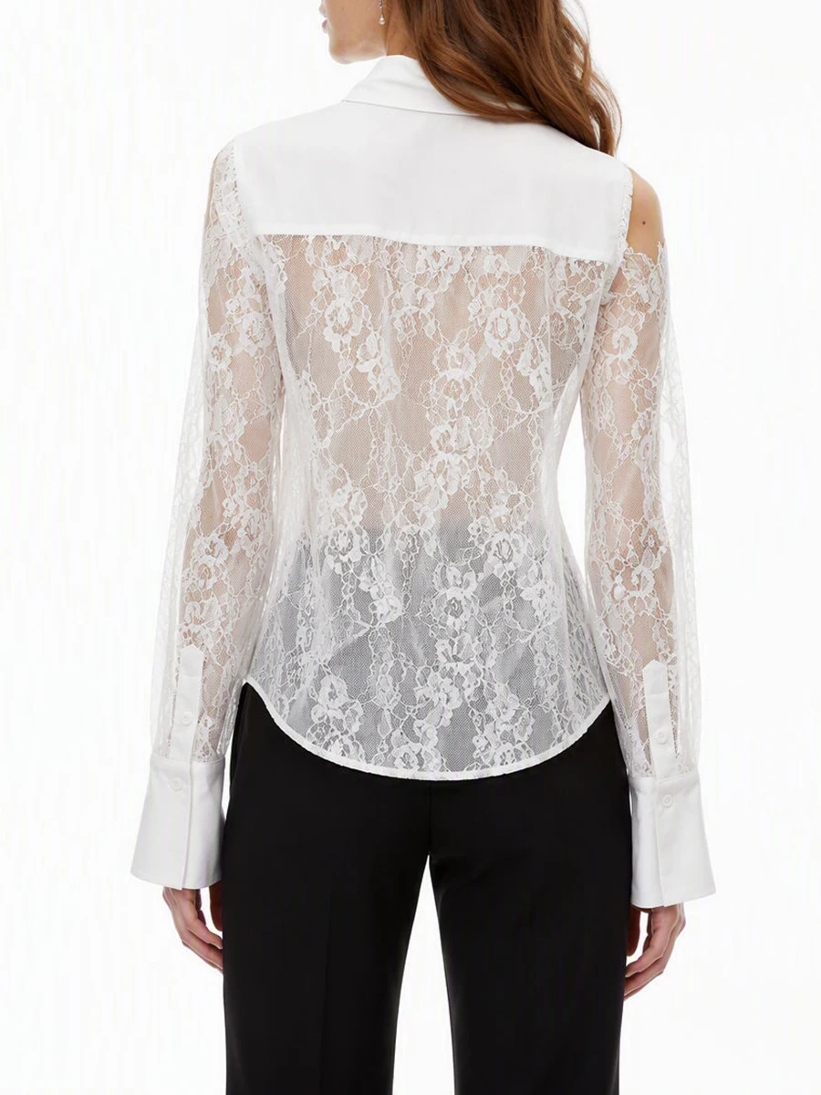 TWOTWINSTYLE Mesh Spliced Lace Slimming Sexy Blouse for Women Lapel Collar Long Sleeve Patchwork Sheer Casual Blouses Female New