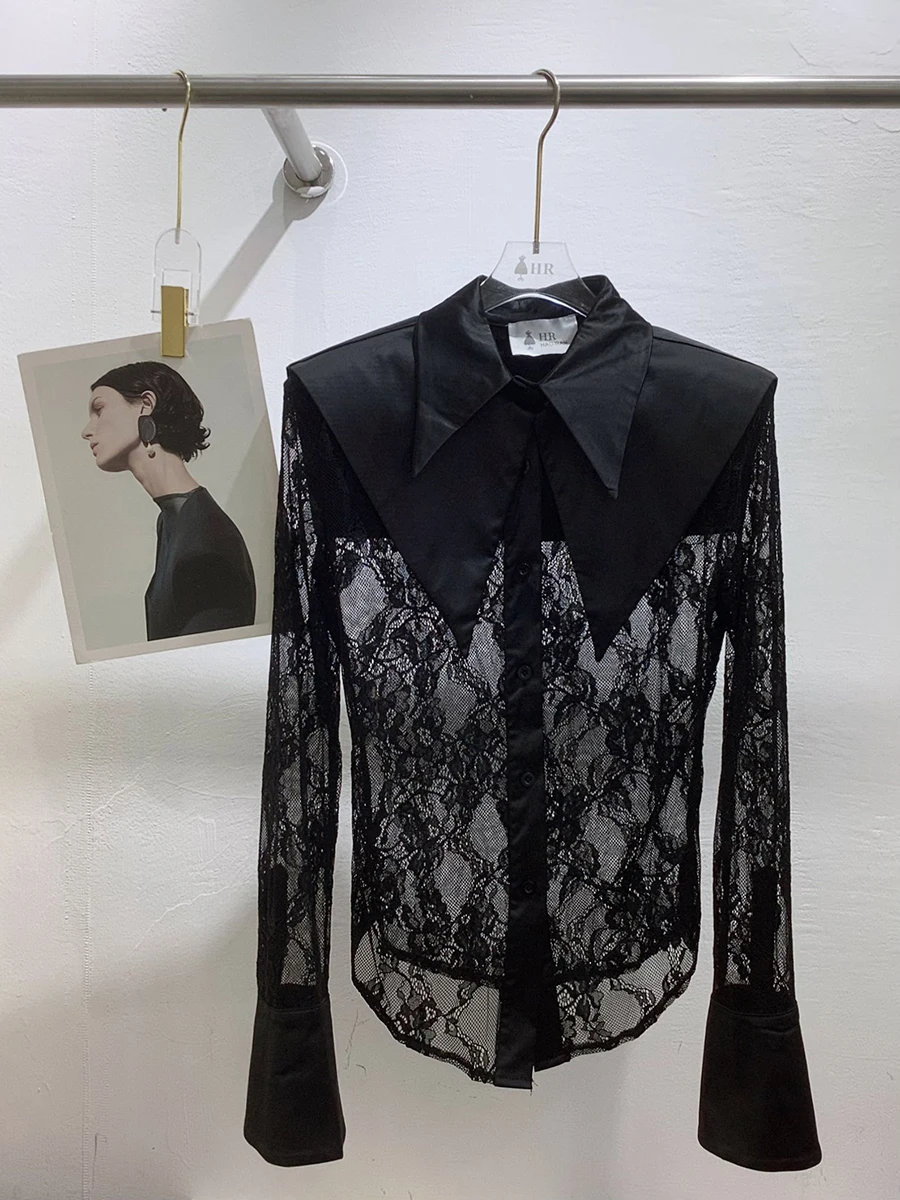 TWOTWINSTYLE Mesh Spliced Lace Slimming Sexy Blouse for Women Lapel Collar Long Sleeve Patchwork Sheer Casual Blouses Female New