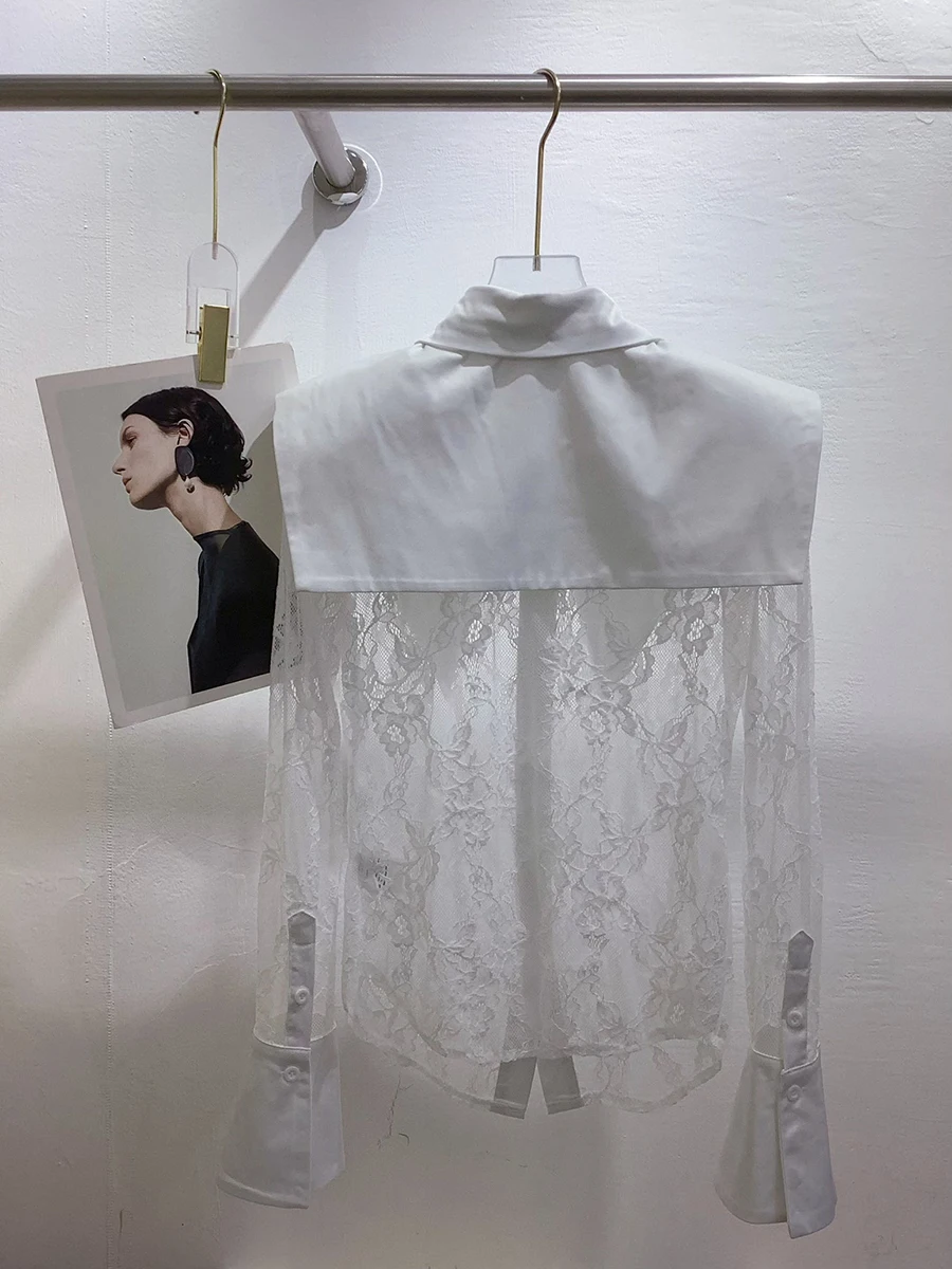 TWOTWINSTYLE Mesh Spliced Lace Slimming Sexy Blouse for Women Lapel Collar Long Sleeve Patchwork Sheer Casual Blouses Female New