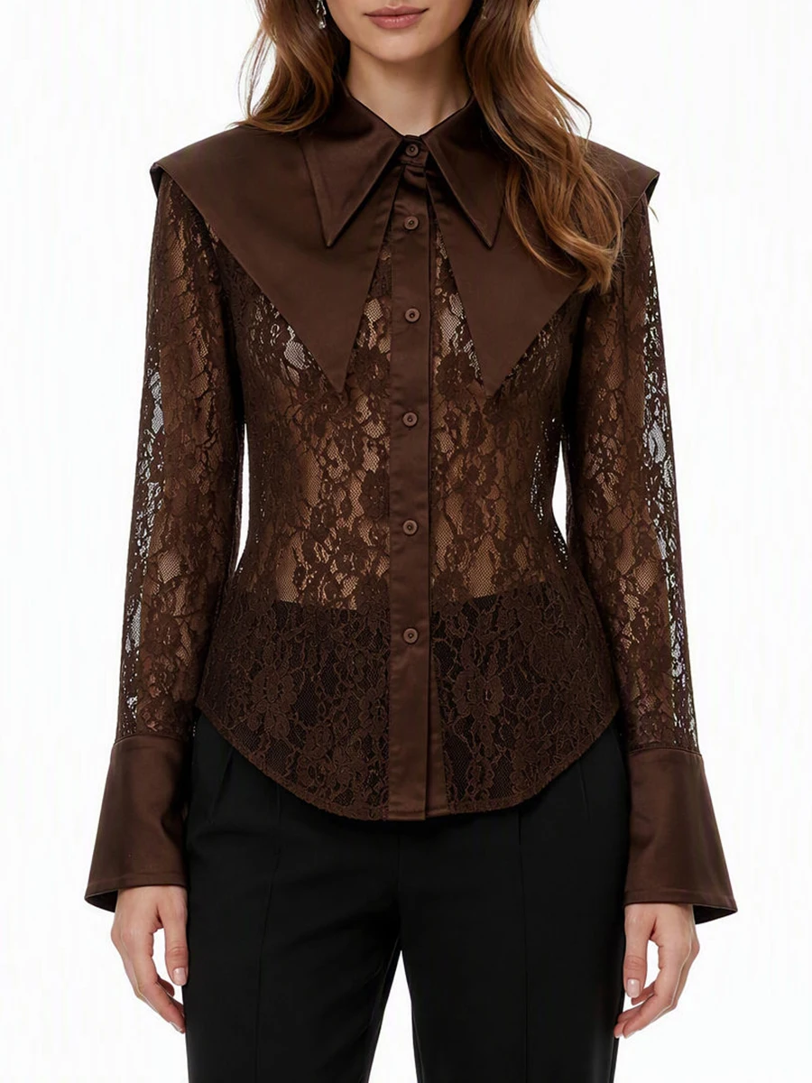TWOTWINSTYLE Mesh Spliced Lace Slimming Sexy Blouse for Women Lapel Collar Long Sleeve Patchwork Sheer Casual Blouses Female New