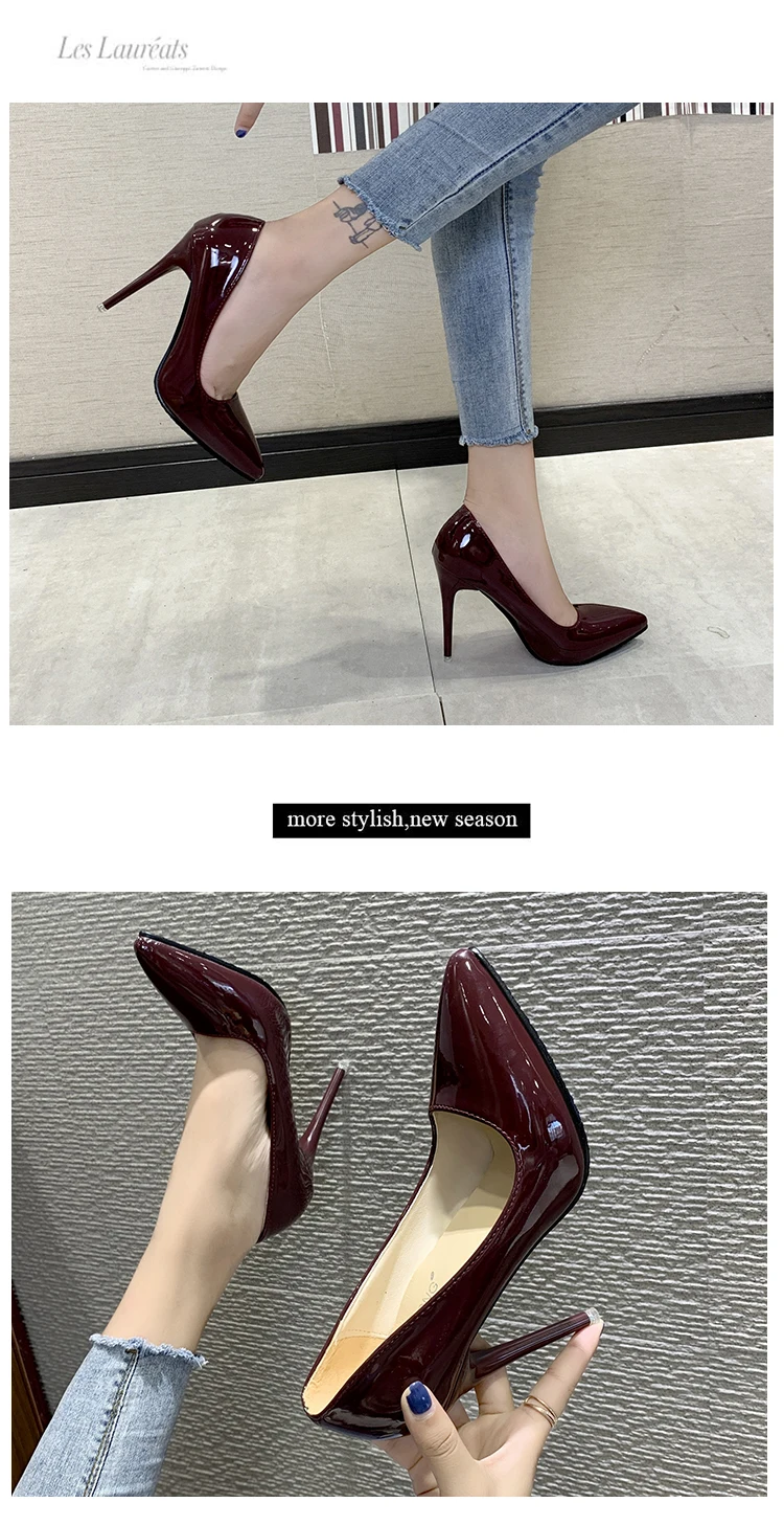 Aphixta 12cm Office Thin Heels Pumps Women Shoes Pointed Toe Patent Leather Wedding Dress Shoes Woman Chaussures Femme