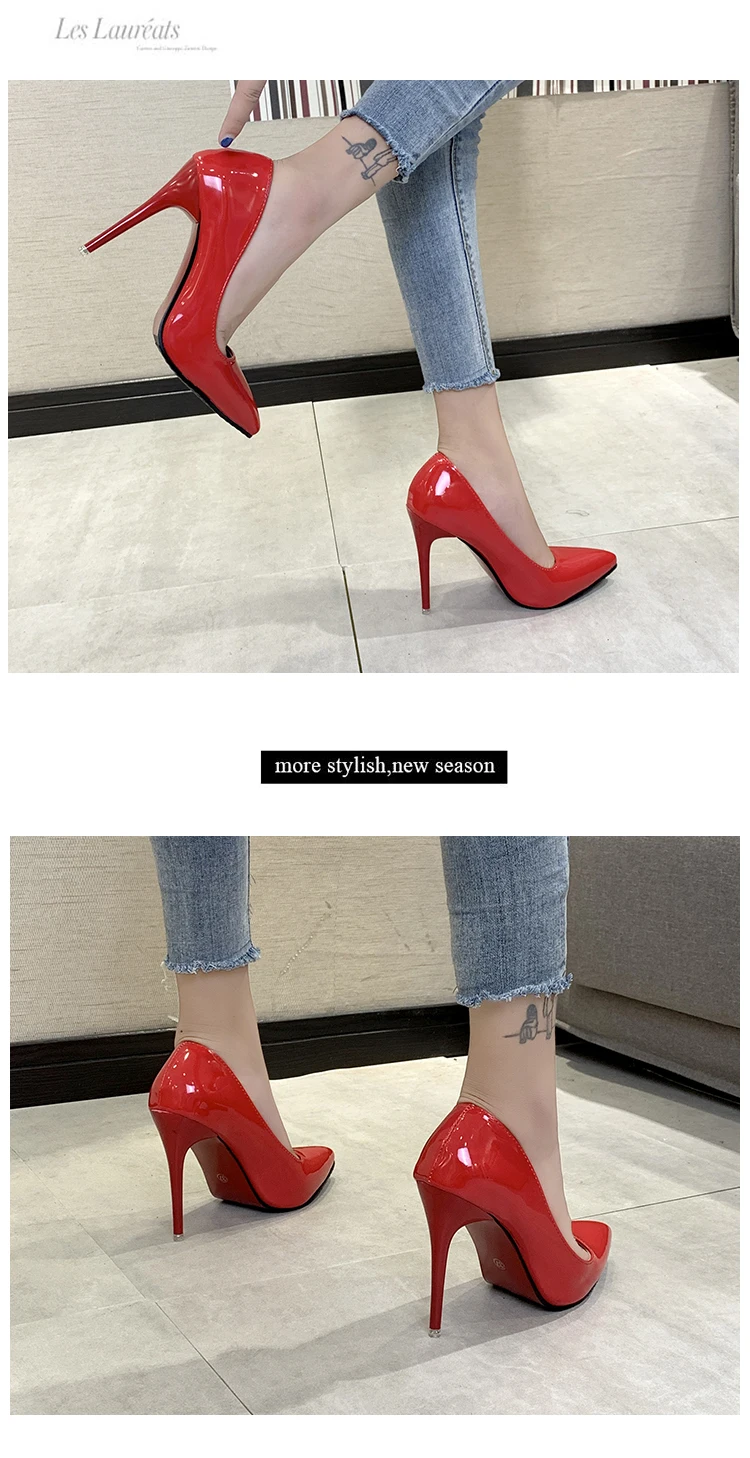 Aphixta 12cm Office Thin Heels Pumps Women Shoes Pointed Toe Patent Leather Wedding Dress Shoes Woman Chaussures Femme