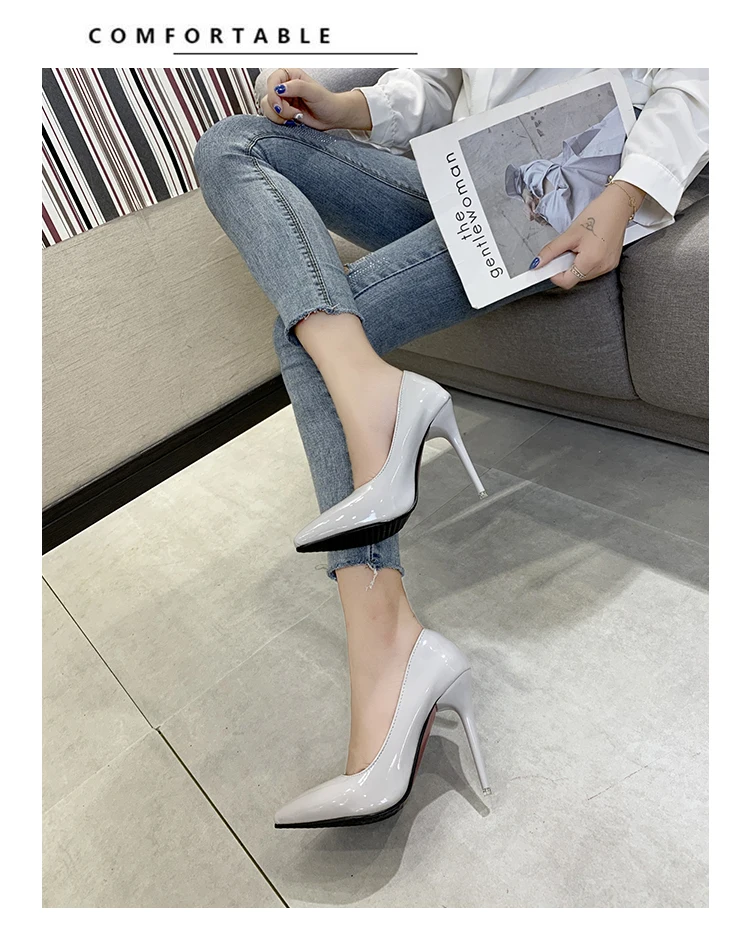 Aphixta 12cm Office Thin Heels Pumps Women Shoes Pointed Toe Patent Leather Wedding Dress Shoes Woman Chaussures Femme