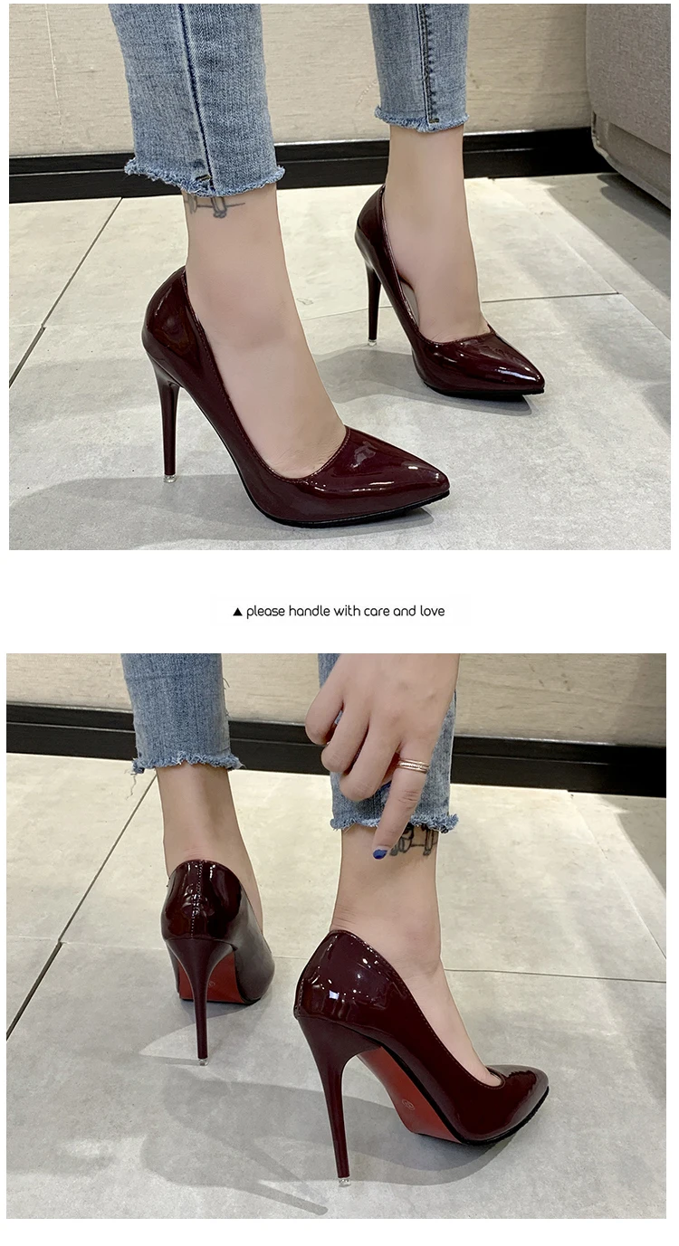 Aphixta 12cm Office Thin Heels Pumps Women Shoes Pointed Toe Patent Leather Wedding Dress Shoes Woman Chaussures Femme