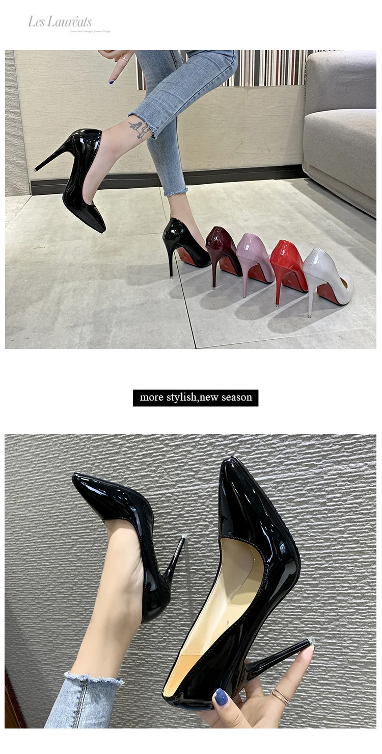 Aphixta 12cm Office Thin Heels Pumps Women Shoes Pointed Toe Patent Leather Wedding Dress Shoes Woman Chaussures Femme