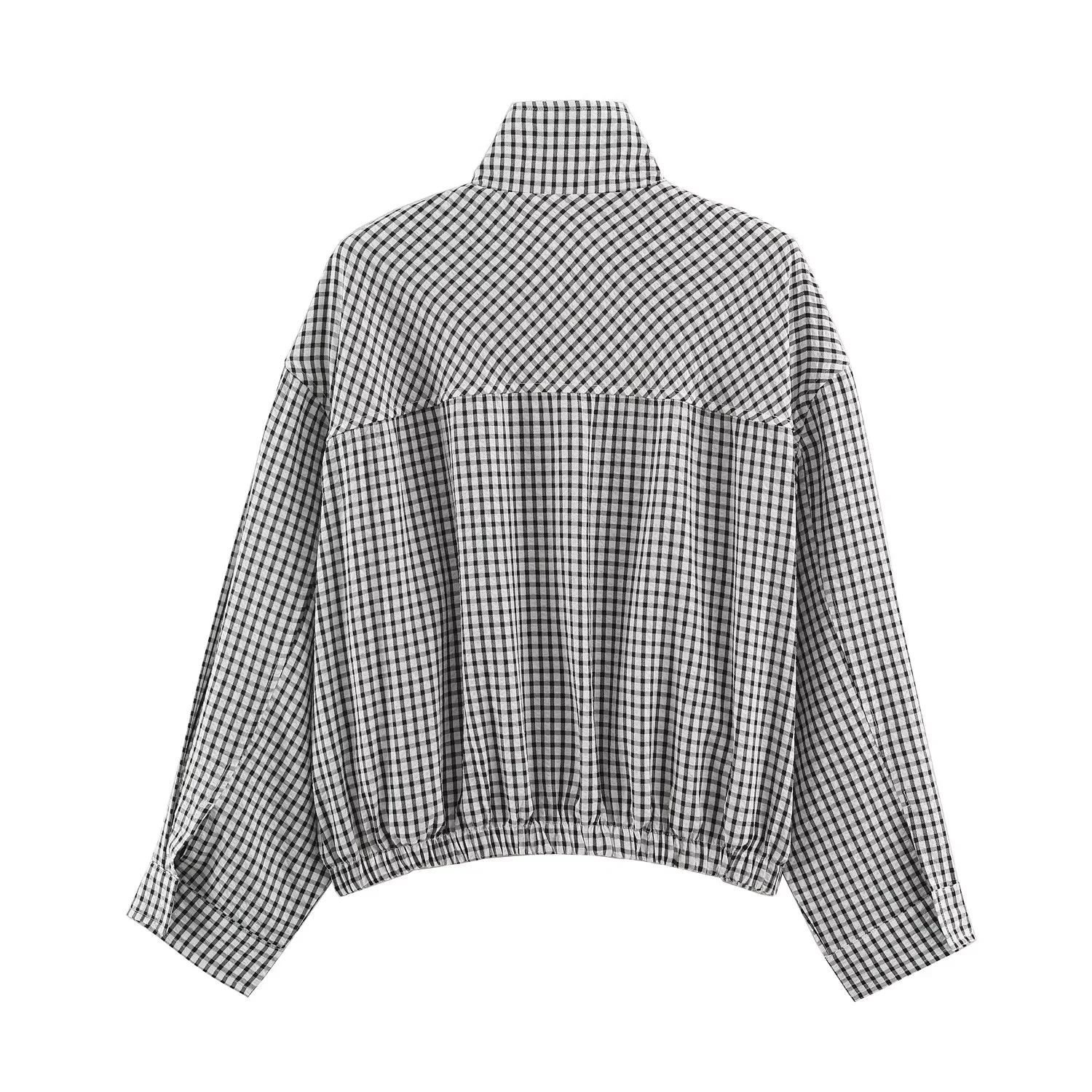 BSAY Autumn Women Plaid Er Jacket Stand Collar Zip Up Cropped Jacket Long Sleeve Elastic Hem Loose Casual Check Outerwear