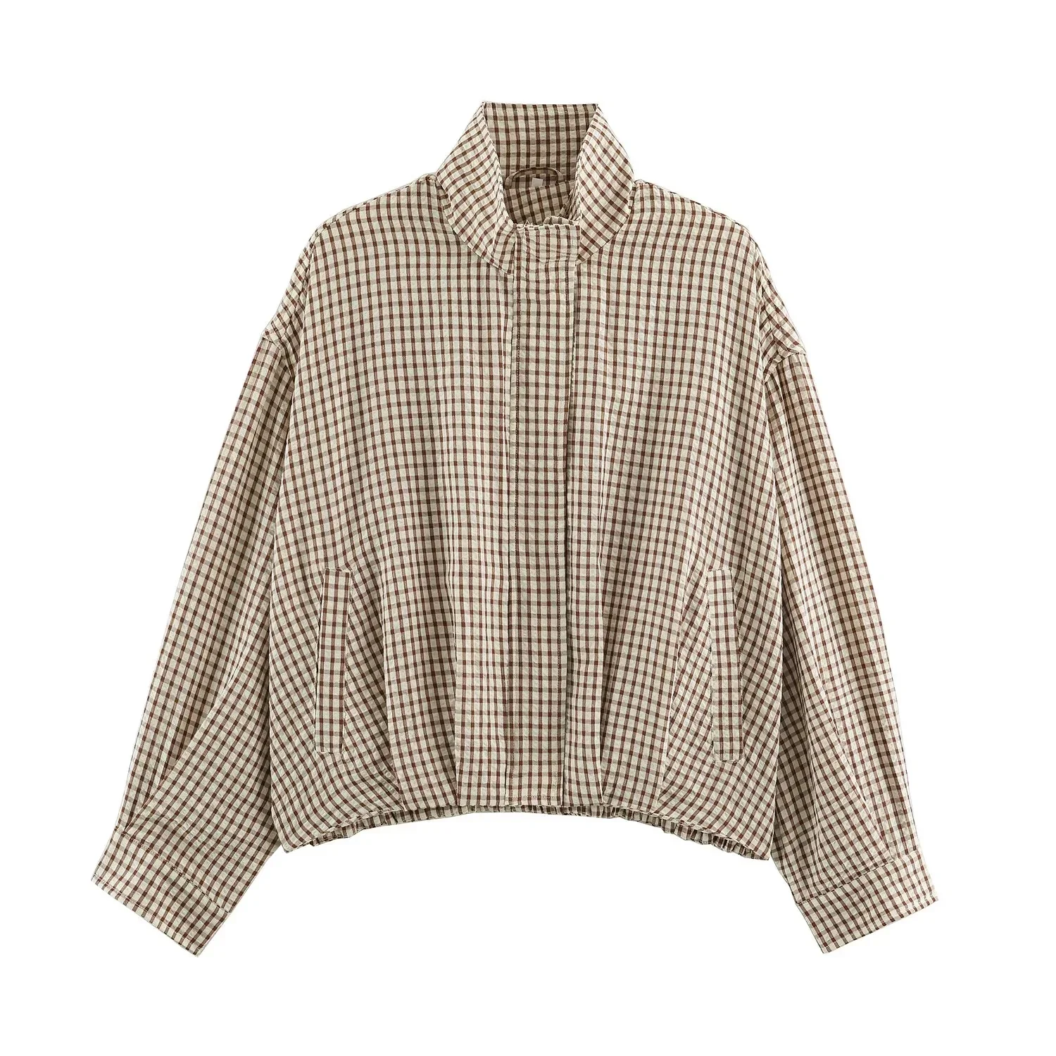 BSAY Autumn Women Plaid Er Jacket Stand Collar Zip Up Cropped Jacket Long Sleeve Elastic Hem Loose Casual Check Outerwear