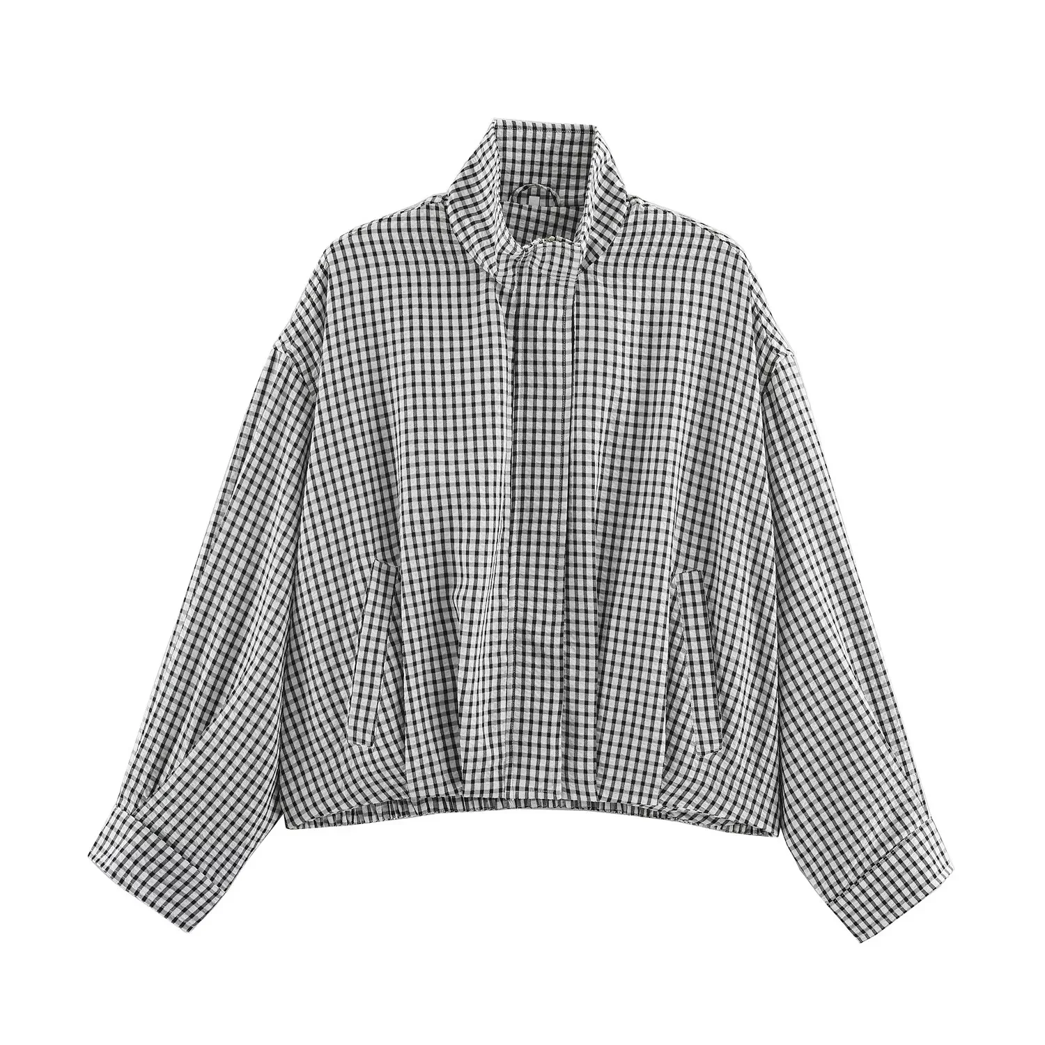 BSAY Autumn Women Plaid Er Jacket Stand Collar Zip Up Cropped Jacket Long Sleeve Elastic Hem Loose Casual Check Outerwear