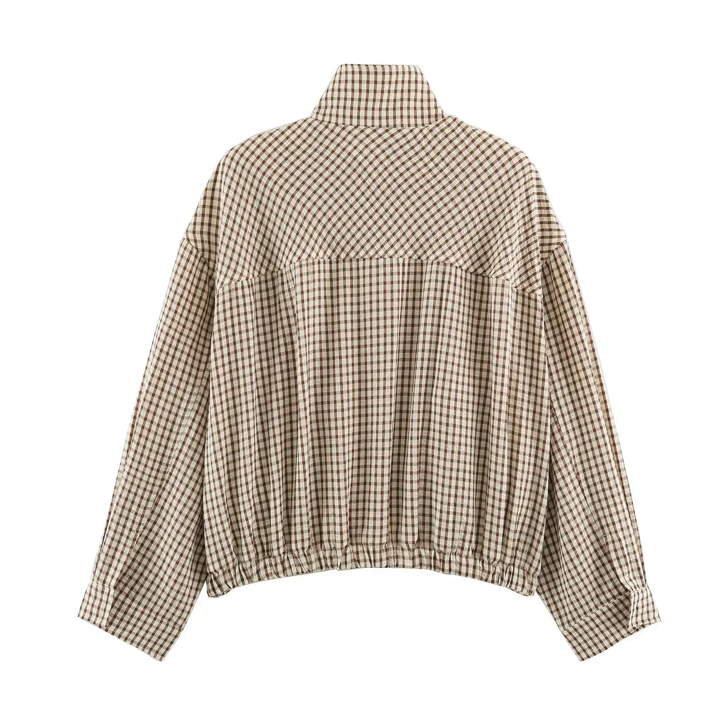 BSAY Autumn Women Plaid Er Jacket Stand Collar Zip Up Cropped Jacket Long Sleeve Elastic Hem Loose Casual Check Outerwear