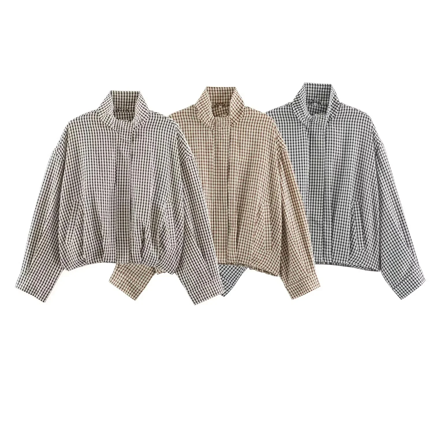 BSAY Autumn Women Plaid Er Jacket Stand Collar Zip Up Cropped Jacket Long Sleeve Elastic Hem Loose Casual Check Outerwear