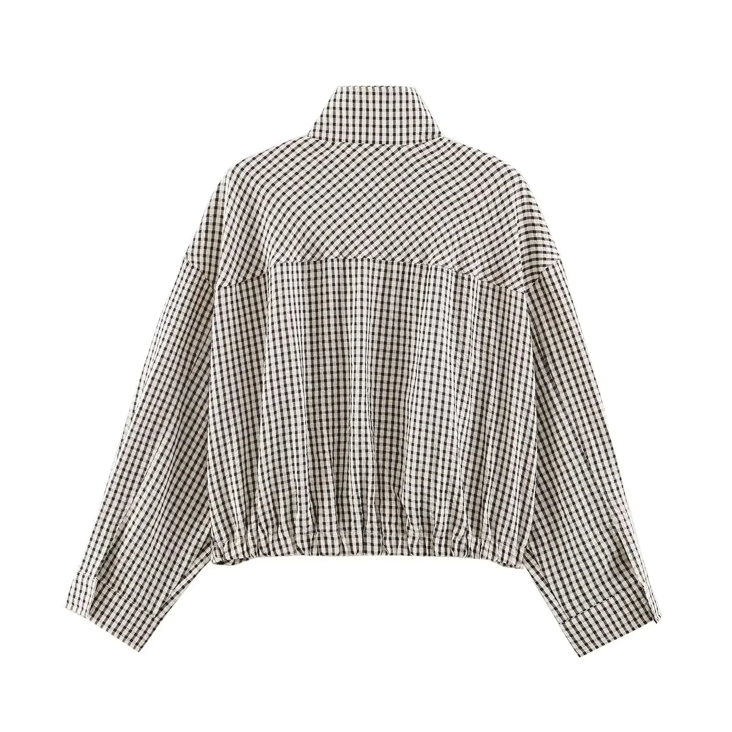 BSAY Autumn Women Plaid Er Jacket Stand Collar Zip Up Cropped Jacket Long Sleeve Elastic Hem Loose Casual Check Outerwear