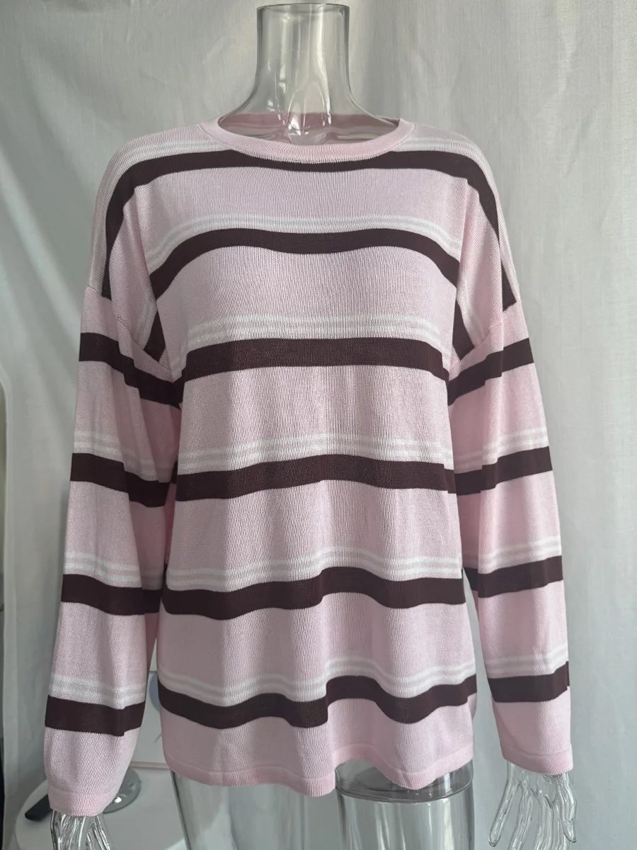 Hirsionsan 2026 Basic Stripes Knitted T Shirts Women Autumn Long Sleeves Loose Tops Ladies Casual Knitted Cotton Woman Clothing