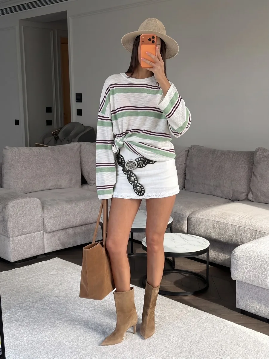 Hirsionsan 2026 Basic Stripes Knitted T Shirts Women Autumn Long Sleeves Loose Tops Ladies Casual Knitted Cotton Woman Clothing
