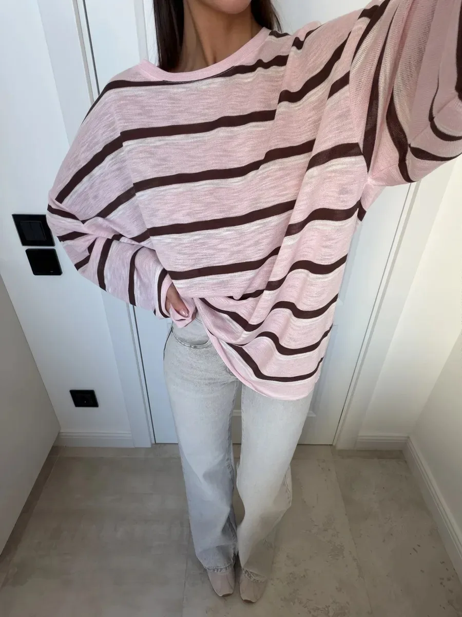 Hirsionsan 2026 Basic Stripes Knitted T Shirts Women Autumn Long Sleeves Loose Tops Ladies Casual Knitted Cotton Woman Clothing