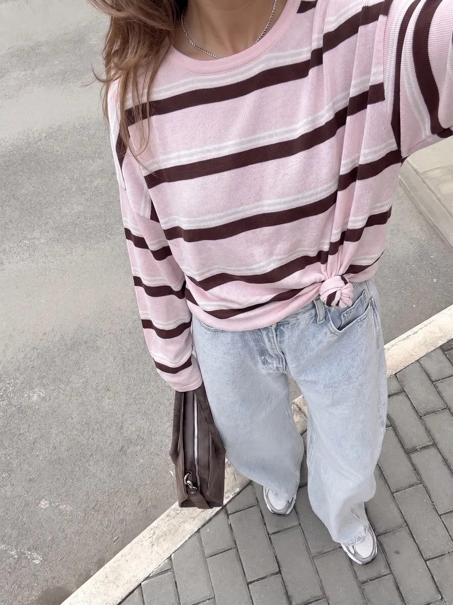 Hirsionsan 2026 Basic Stripes Knitted T Shirts Women Autumn Long Sleeves Loose Tops Ladies Casual Knitted Cotton Woman Clothing