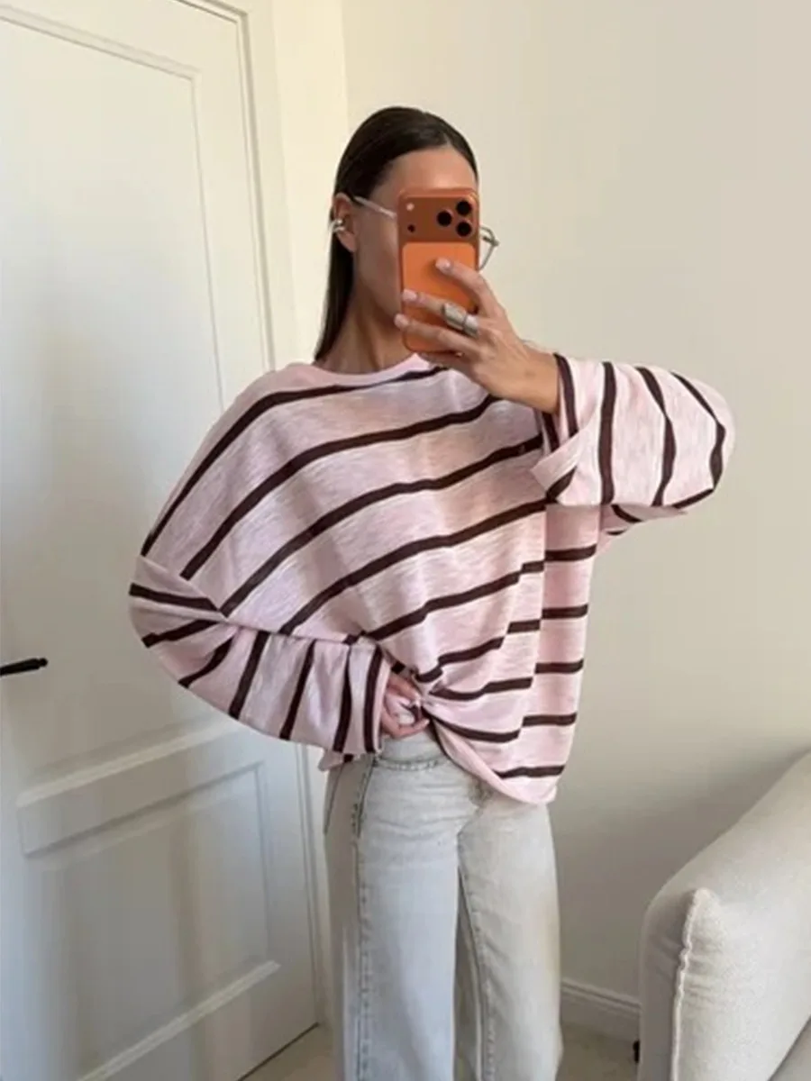Hirsionsan 2026 Basic Stripes Knitted T Shirts Women Autumn Long Sleeves Loose Tops Ladies Casual Knitted Cotton Woman Clothing