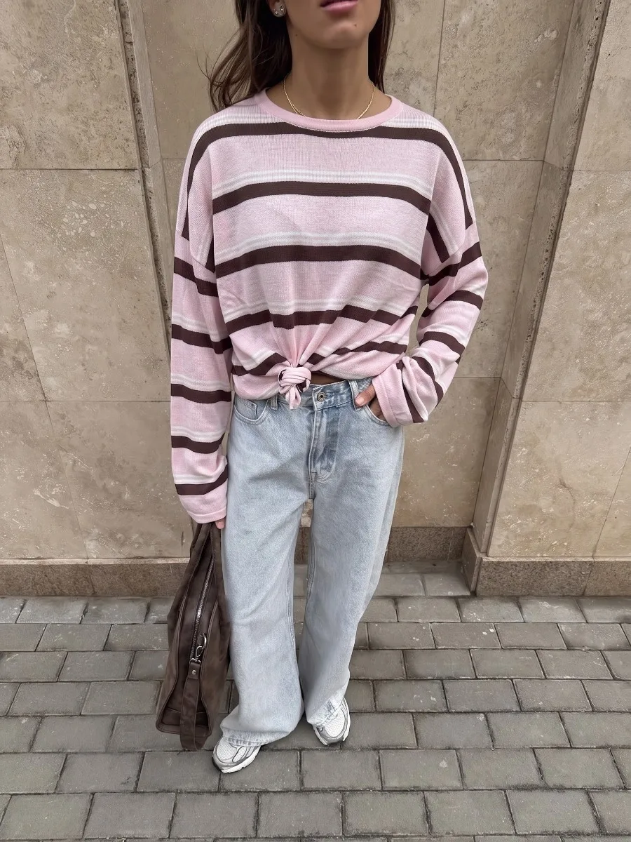 Hirsionsan 2026 Basic Stripes Knitted T Shirts Women Autumn Long Sleeves Loose Tops Ladies Casual Knitted Cotton Woman Clothing