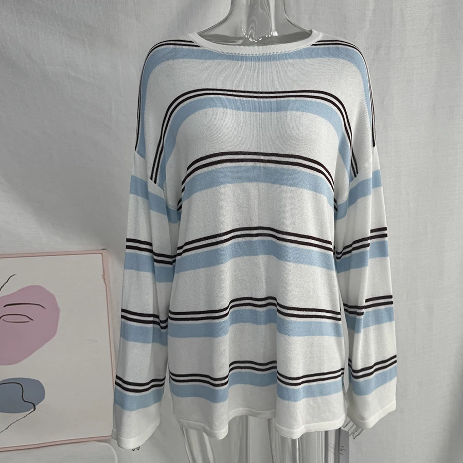 Hirsionsan 2026 Basic Stripes Knitted T Shirts Women Autumn Long Sleeves Loose Tops Ladies Casual Knitted Cotton Woman Clothing