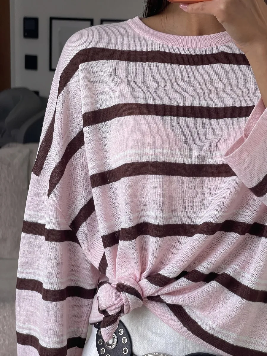 Hirsionsan 2026 Basic Stripes Knitted T Shirts Women Autumn Long Sleeves Loose Tops Ladies Casual Knitted Cotton Woman Clothing