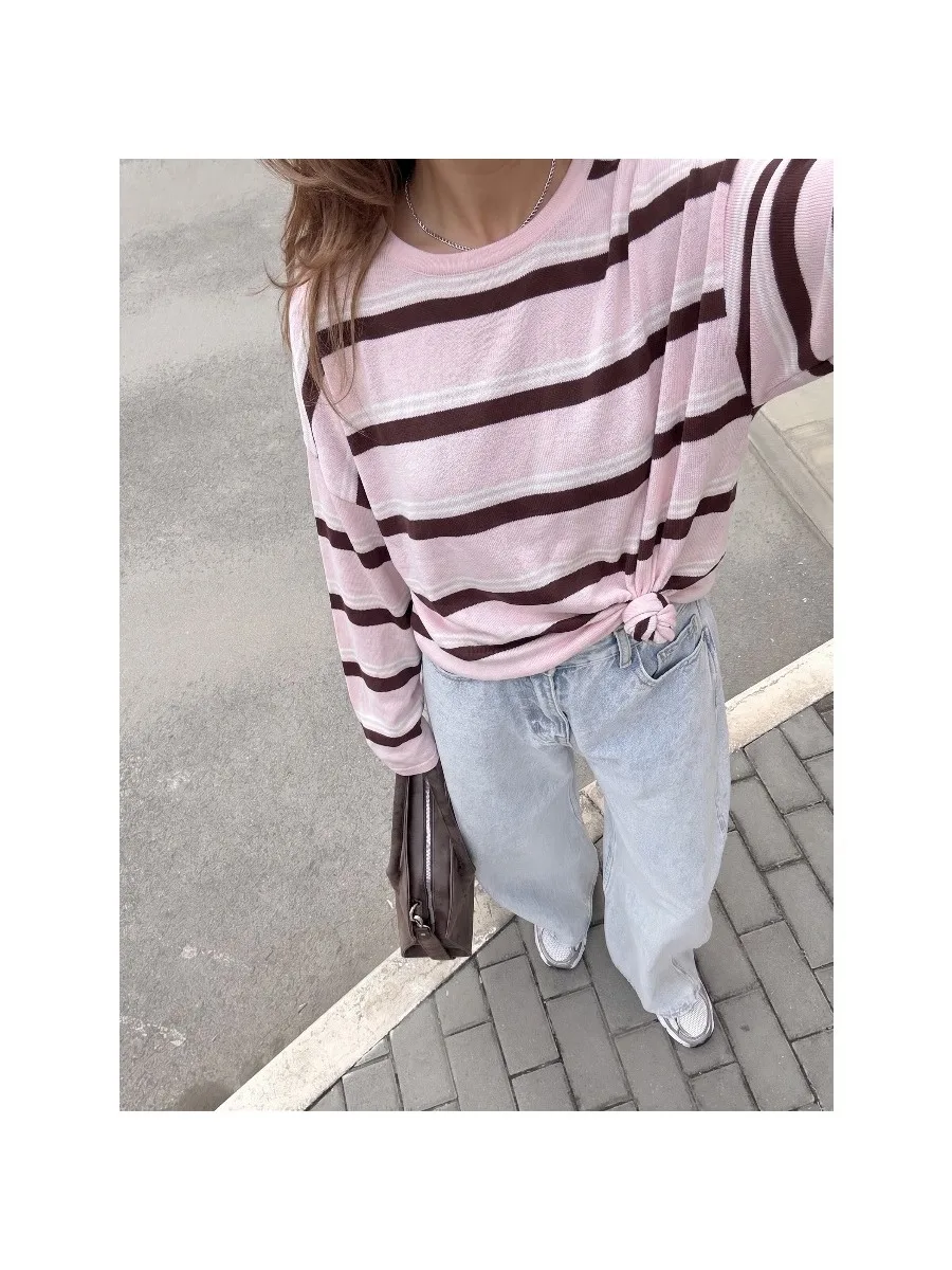 Hirsionsan 2026 Basic Stripes Knitted T Shirts Women Autumn Long Sleeves Loose Tops Ladies Casual Knitted Cotton Woman Clothing