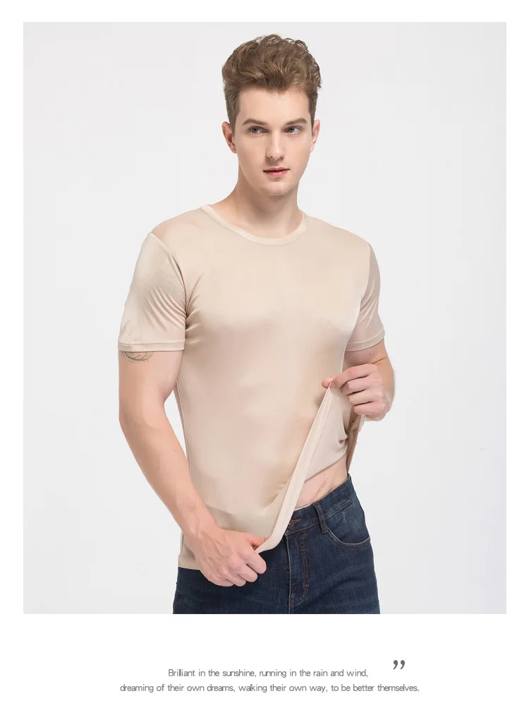 SuyaDream Mens T shirt knitted Natural Silk Solid O neck Short Sleeved Solid Tee Beige White Navy 2025 New Spring Summer Top