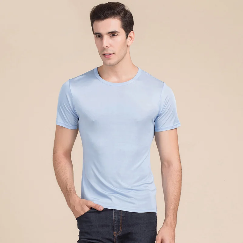 SuyaDream Mens T shirt knitted Natural Silk Solid O neck Short Sleeved Solid Tee Beige White Navy 2025 New Spring Summer Top