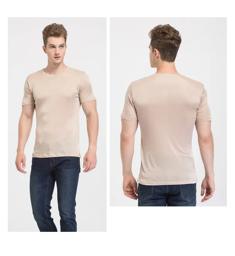 SuyaDream Mens T shirt knitted Natural Silk Solid O neck Short Sleeved Solid Tee Beige White Navy 2025 New Spring Summer Top