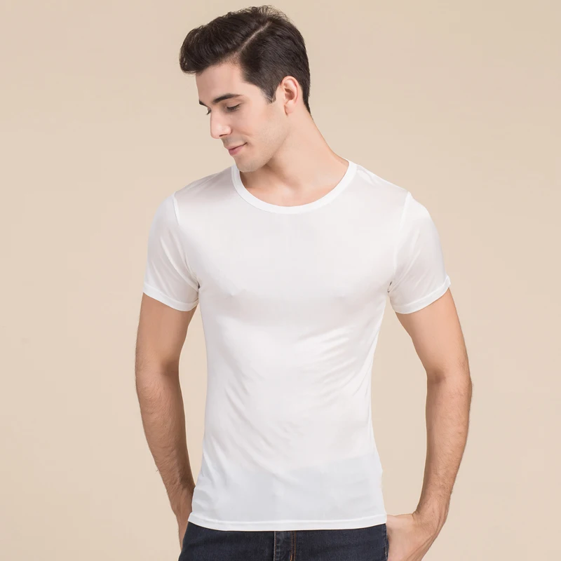 SuyaDream Mens T shirt knitted Natural Silk Solid O neck Short Sleeved Solid Tee Beige White Navy 2025 New Spring Summer Top