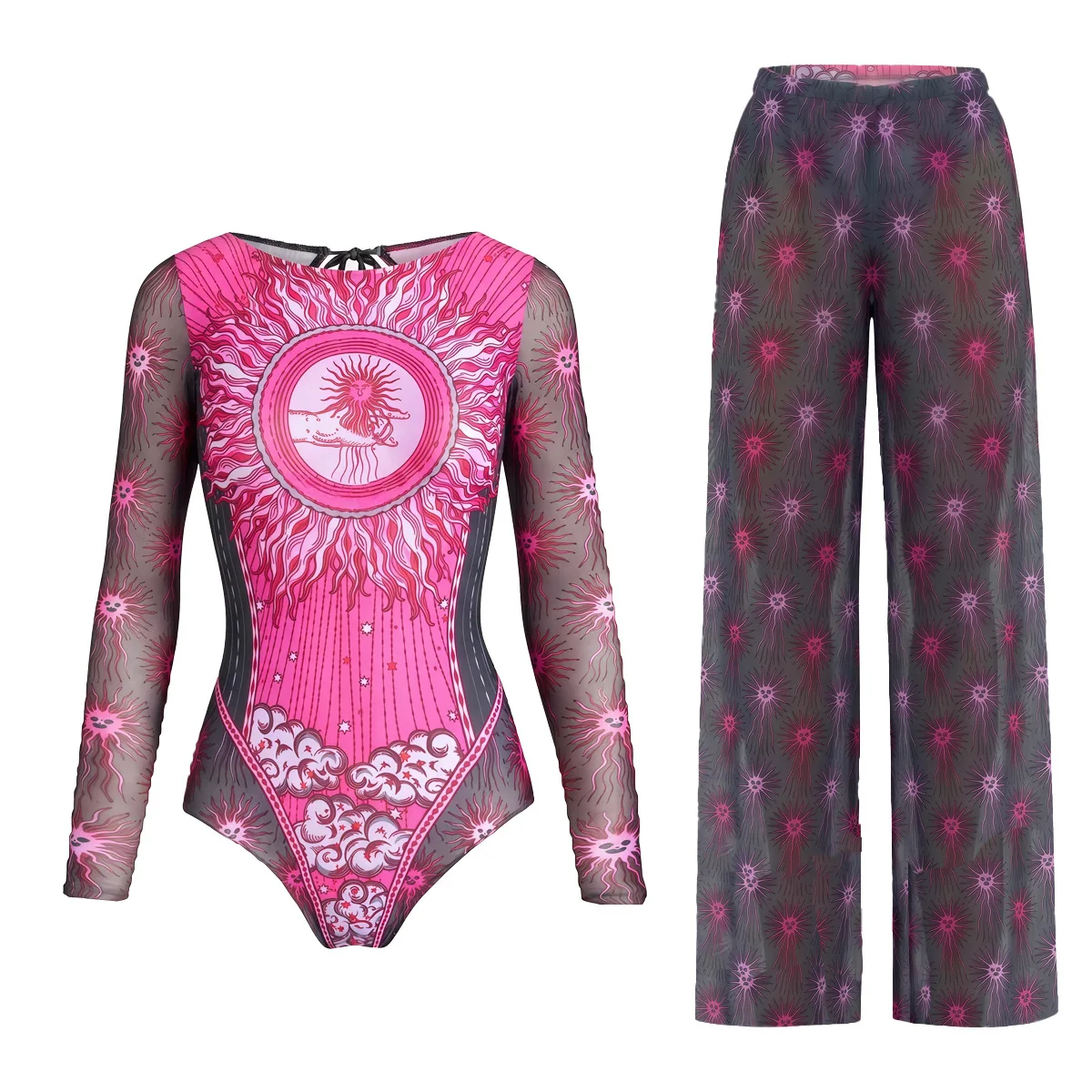 Women's Long Sleeve Swimwear Sunscreen One Piece Swimsuit High Elastic Thickened Mesh Loose Pants SPF35+ New Fitness Beachwear