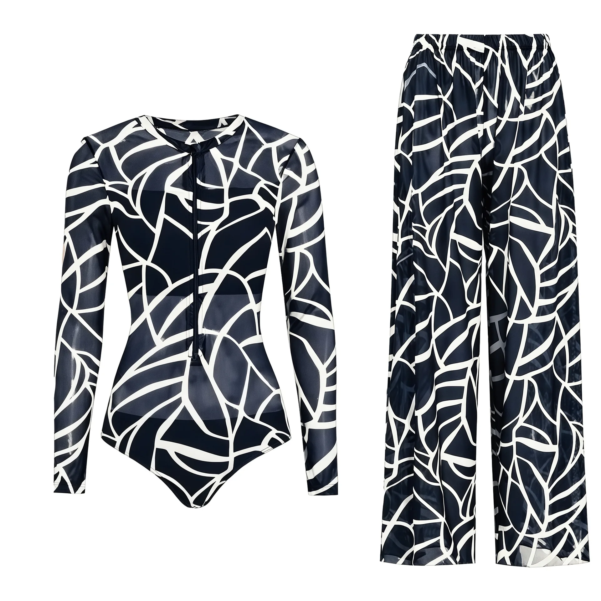 Women's Long Sleeve Swimwear Sunscreen One Piece Swimsuit High Elastic Thickened Mesh Loose Pants SPF35+ New Fitness Beachwear