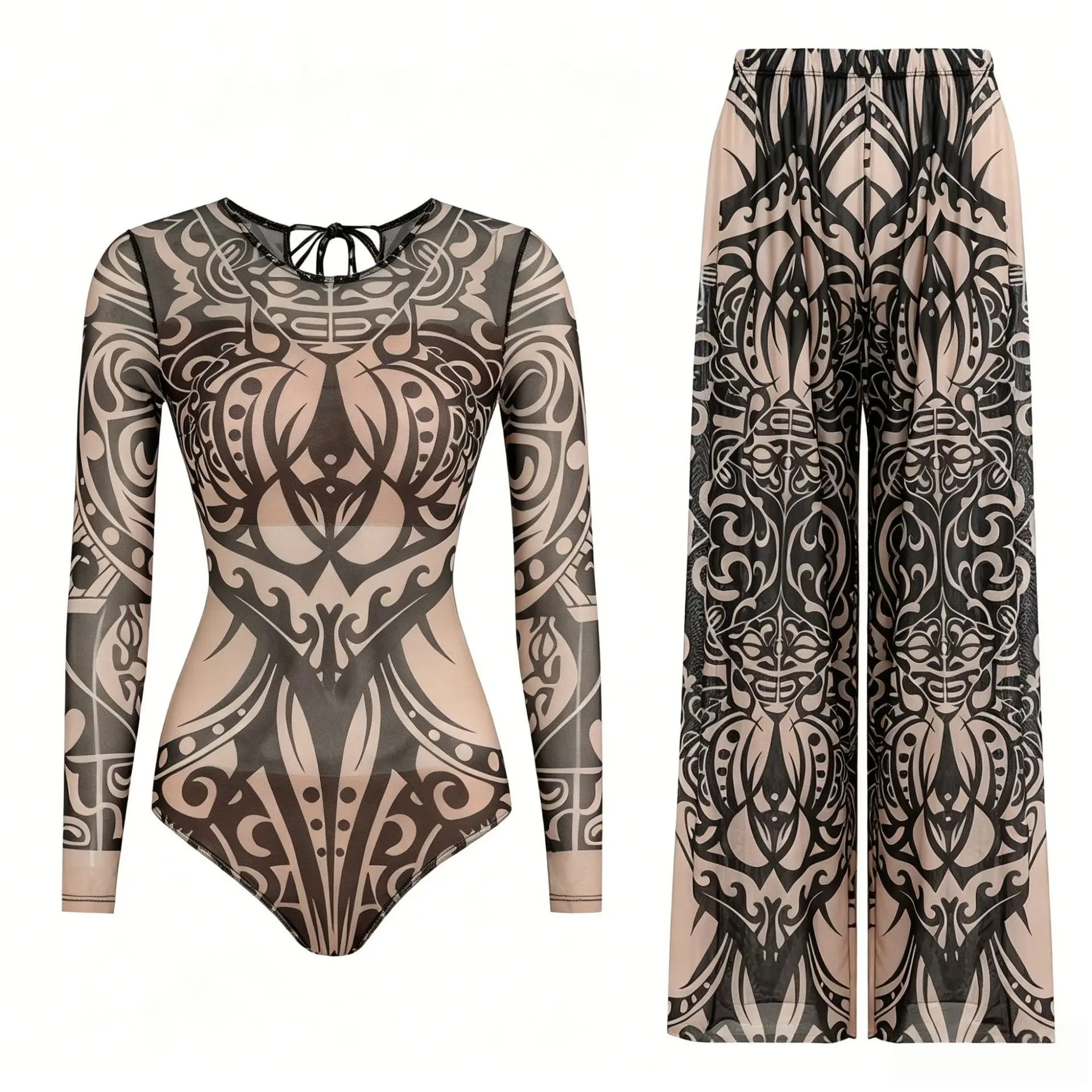Women's Long Sleeve Swimwear Sunscreen One Piece Swimsuit High Elastic Thickened Mesh Loose Pants SPF35+ New Fitness Beachwear