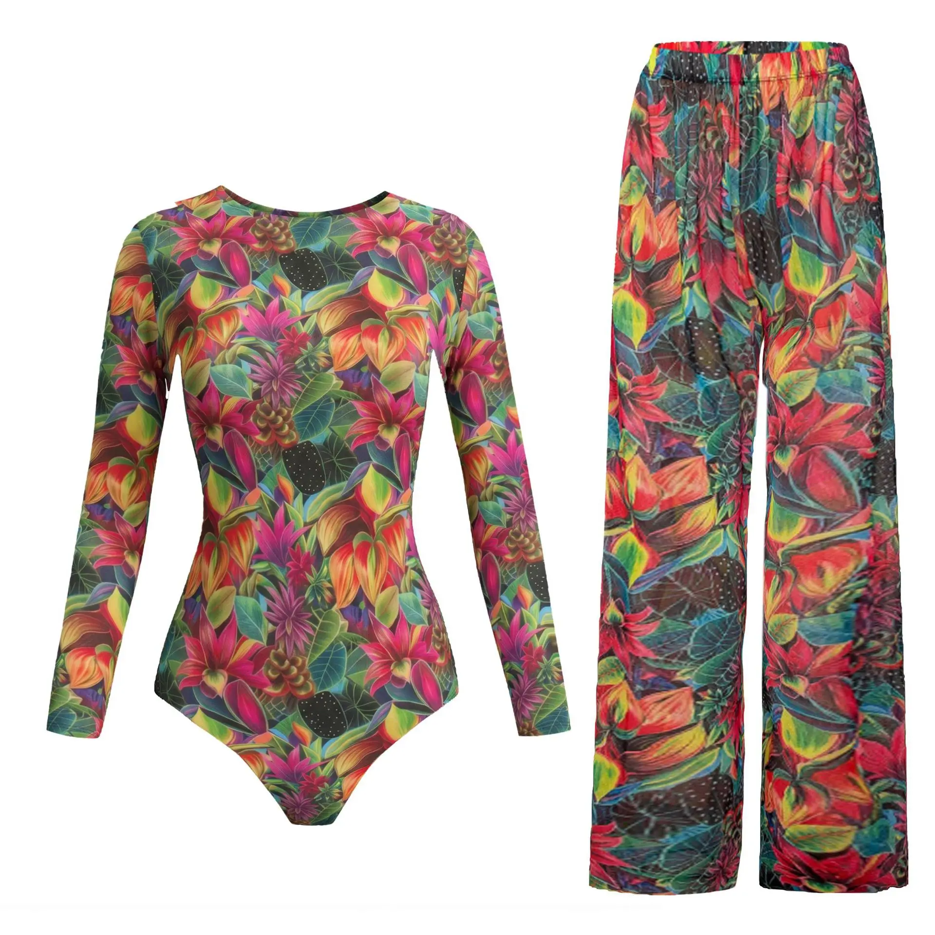 Women's Long Sleeve Swimwear Sunscreen One Piece Swimsuit High Elastic Thickened Mesh Loose Pants SPF35+ New Fitness Beachwear