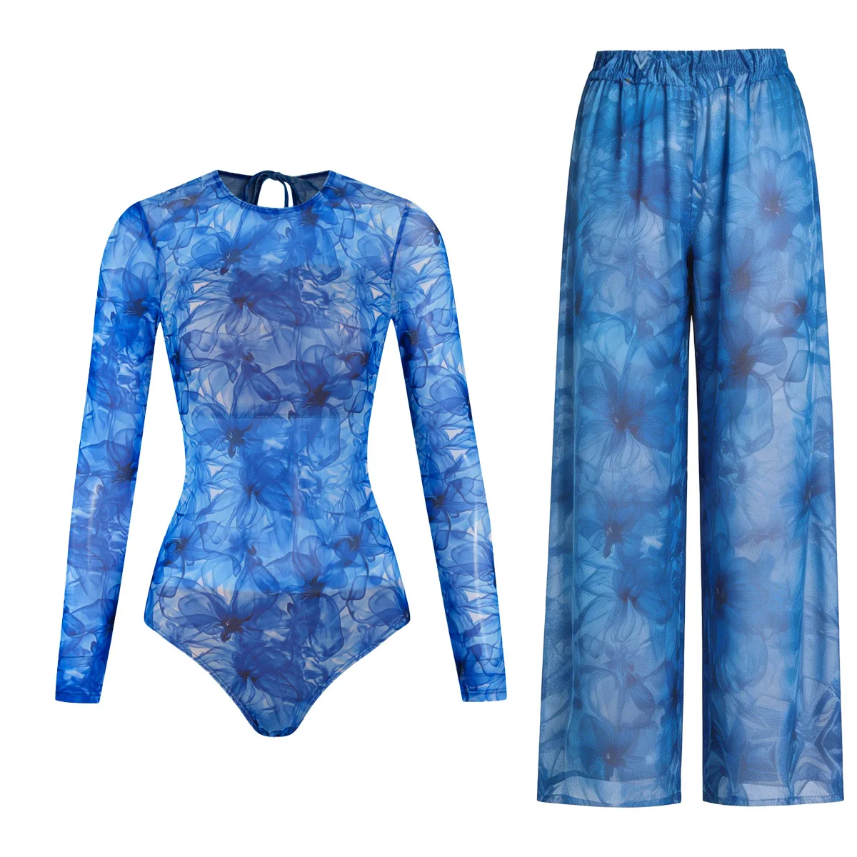 Women's Long Sleeve Swimwear Sunscreen One Piece Swimsuit High Elastic Thickened Mesh Loose Pants SPF35+ New Fitness Beachwear