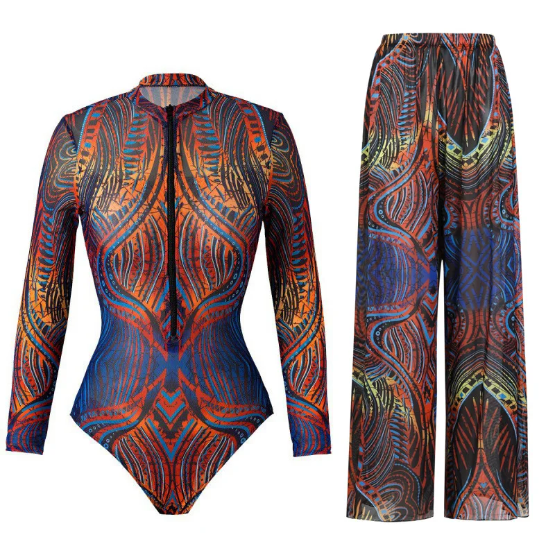 Women's Long Sleeve Swimwear Sunscreen One Piece Swimsuit High Elastic Thickened Mesh Loose Pants SPF35+ New Fitness Beachwear