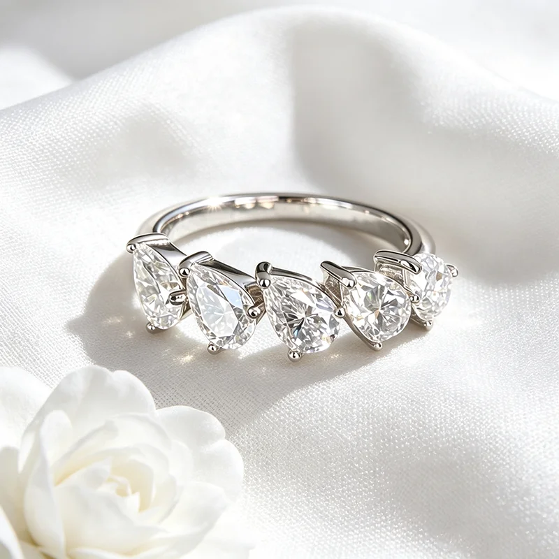 Smyoue 4*6mm Pear Cut 5 Stones Moissanite Rings for Women Luxury Dating Wedding Band Promise Real S925 Sterling Silver Jewelry
