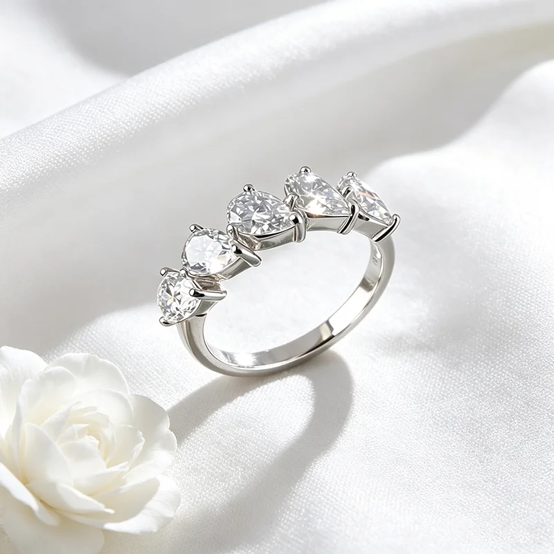 Smyoue 4*6mm Pear Cut 5 Stones Moissanite Rings for Women Luxury Dating Wedding Band Promise Real S925 Sterling Silver Jewelry