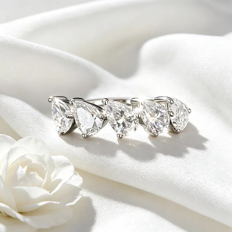 Smyoue 4*6mm Pear Cut 5 Stones Moissanite Rings for Women Luxury Dating Wedding Band Promise Real S925 Sterling Silver Jewelry